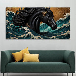 Majestic Black Horse Amid Ocean Waves 3D Canvas Wall Painting