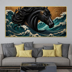 Majestic Black Horse Amid Ocean Waves 3D Canvas Wall Painting