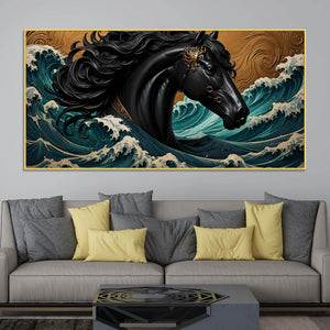 Majestic Black Horse Amid Ocean Waves 3D Canvas Wall Painting