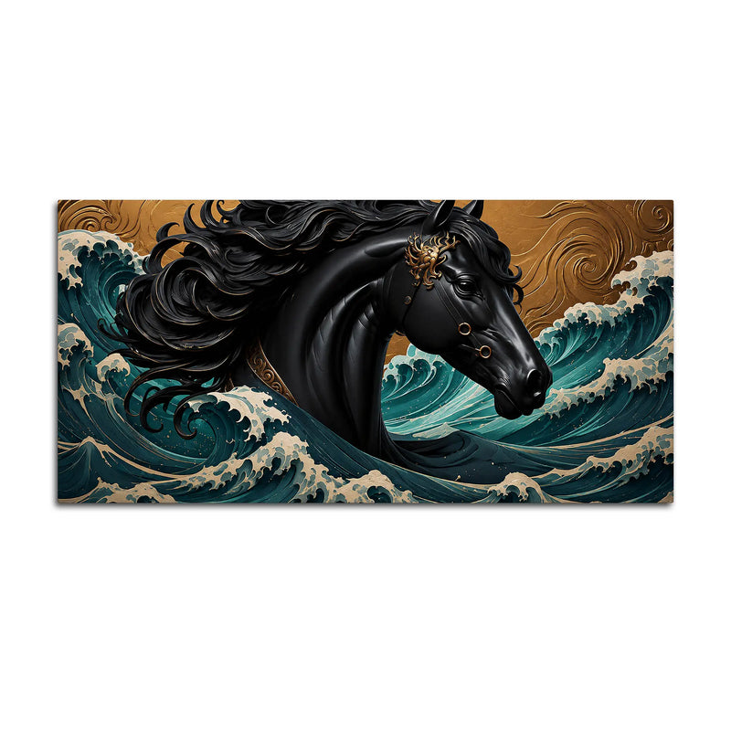 Majestic Black Horse Amid Ocean Waves 3D Canvas Wall Painting
