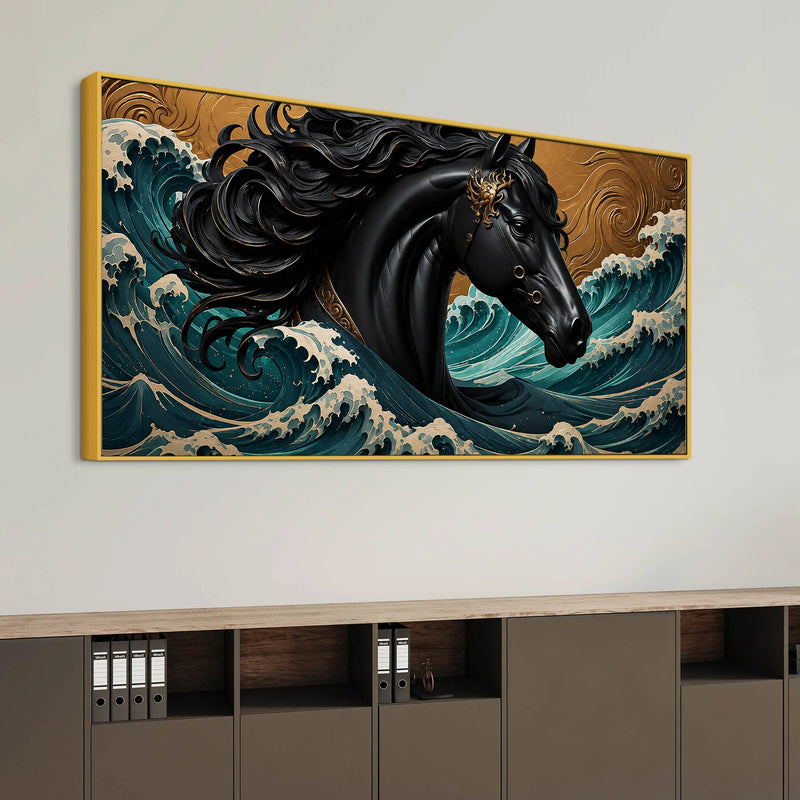 Majestic Black Horse Amid Ocean Waves 3D Canvas Wall Painting