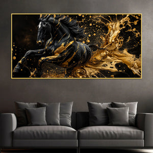 Majestic Black Stallion with Liquid Golden Splash 3D Canvas Wall Painting