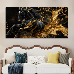 Majestic Black Stallion with Liquid Golden Splash 3D Canvas Wall Painting