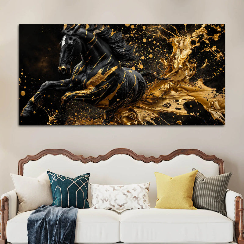 Majestic Black Stallion with Liquid Golden Splash 3D Canvas Wall Painting