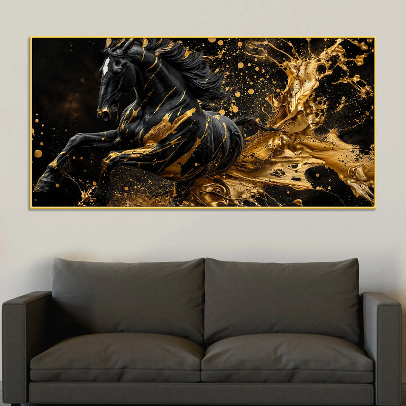 Majestic Black Stallion with Liquid Golden Splash 3D Canvas Wall Painting