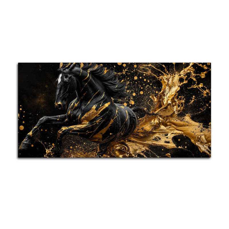 Majestic Black Stallion with Liquid Golden Splash 3D Canvas Wall Painting