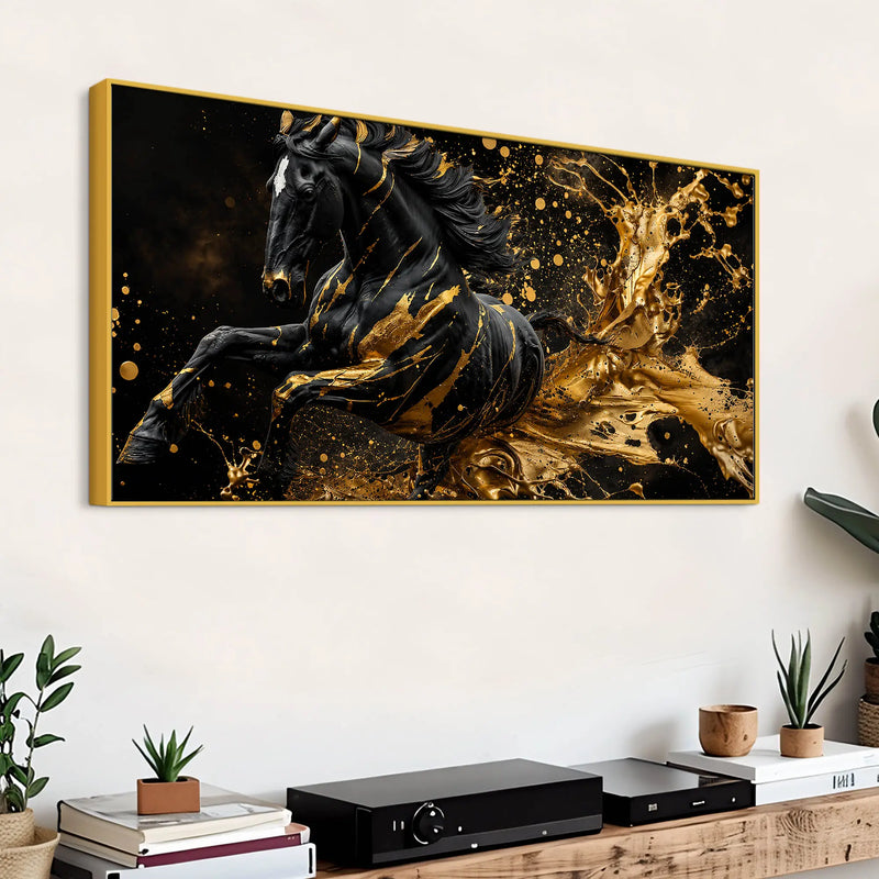Majestic Black Stallion with Liquid Golden Splash 3D Canvas Wall Painting