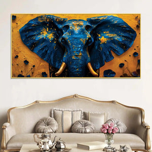 Majestic Blue Elephant Face with Golden Accents Luxury Canvas Wall Painting