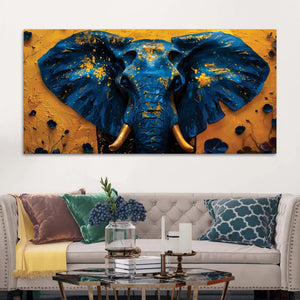 Majestic Blue Elephant Face with Golden Accents Luxury Canvas Wall Painting