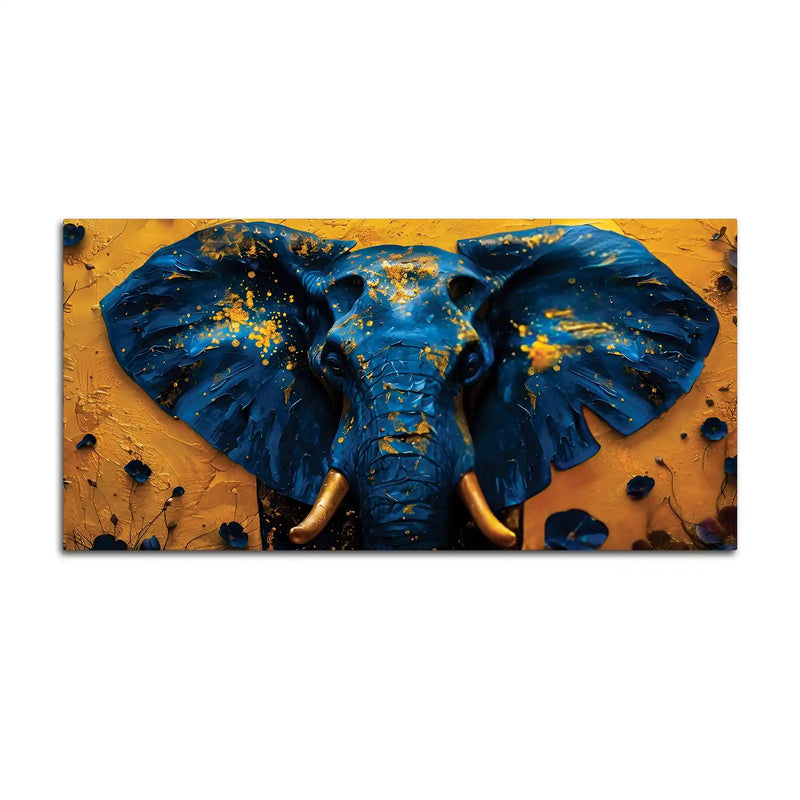 Majestic Blue Elephant Face with Golden Accents Luxury Canvas Wall Painting