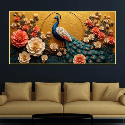 Majestic Blue Peacock in Coral Blossom Garden 3D Canvas Wall Painting