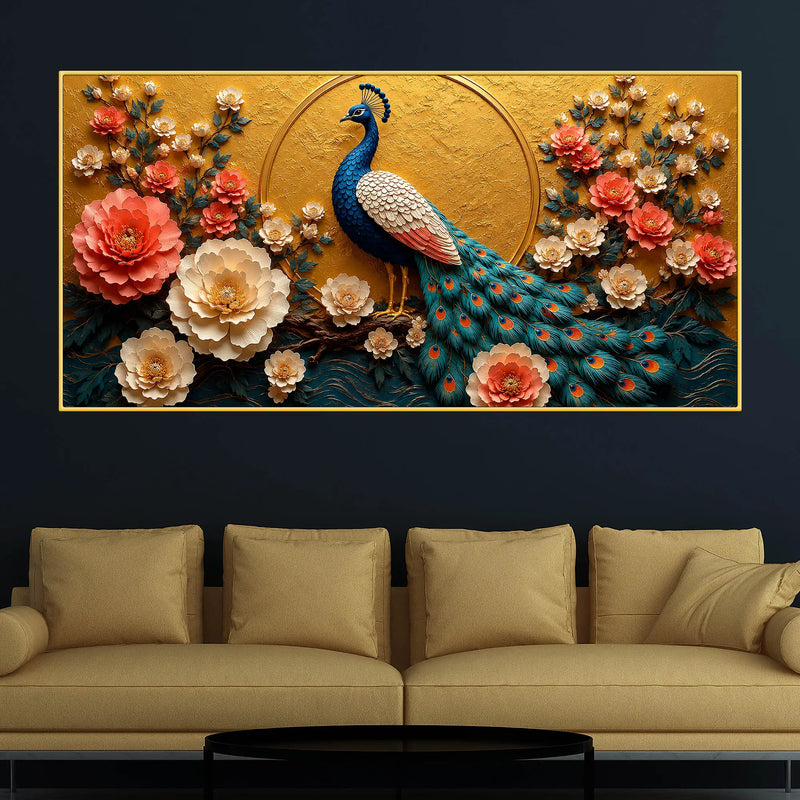 Majestic Blue Peacock in Coral Blossom Garden 3D Canvas Wall Painting