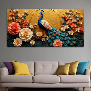 Majestic Blue Peacock in Coral Blossom Garden 3D Canvas Wall Painting