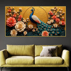 Majestic Blue Peacock in Coral Blossom Garden 3D Canvas Wall Painting