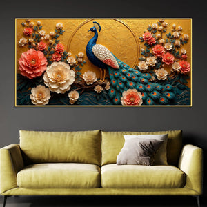 Majestic Blue Peacock in Coral Blossom Garden 3D Canvas Wall Painting