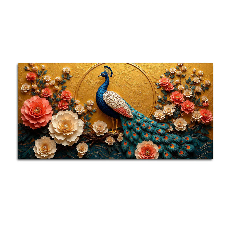 Majestic Blue Peacock in Coral Blossom Garden 3D Canvas Wall Painting
