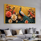 Majestic Blue Peacock in Coral Blossom Garden 3D Canvas Wall Painting