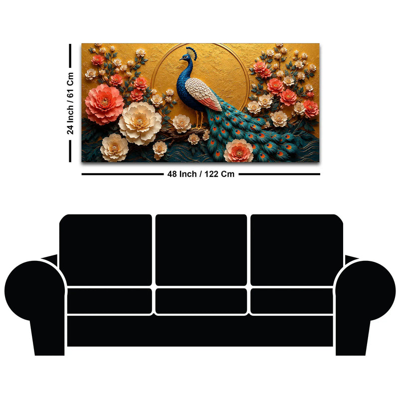 Majestic Blue Peacock in Coral Blossom Garden 3D Canvas Wall Painting