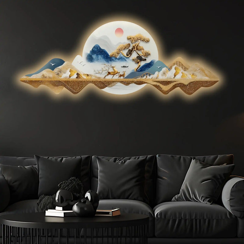 Majestic Deer Mountains Crystal Glass Backlit LED Wall Art