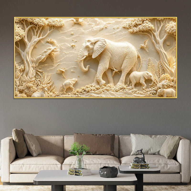 Majestic Elephant Family in Serene Forest 3D Canvas Wall Painting