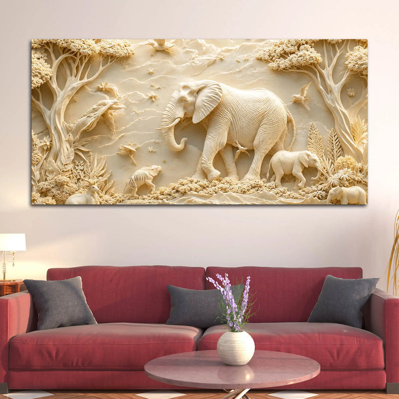 Majestic Elephant Family in Serene Forest 3D Canvas Wall Painting
