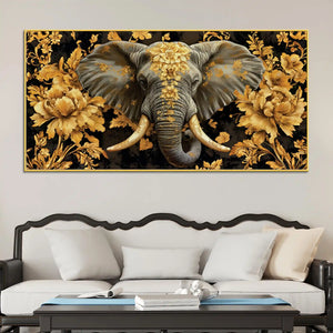 Majestic Elephant Head with Golden Flowers Luxury Canvas Wall Painting