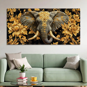 Majestic Elephant Head with Golden Flowers Luxury Canvas Wall Painting