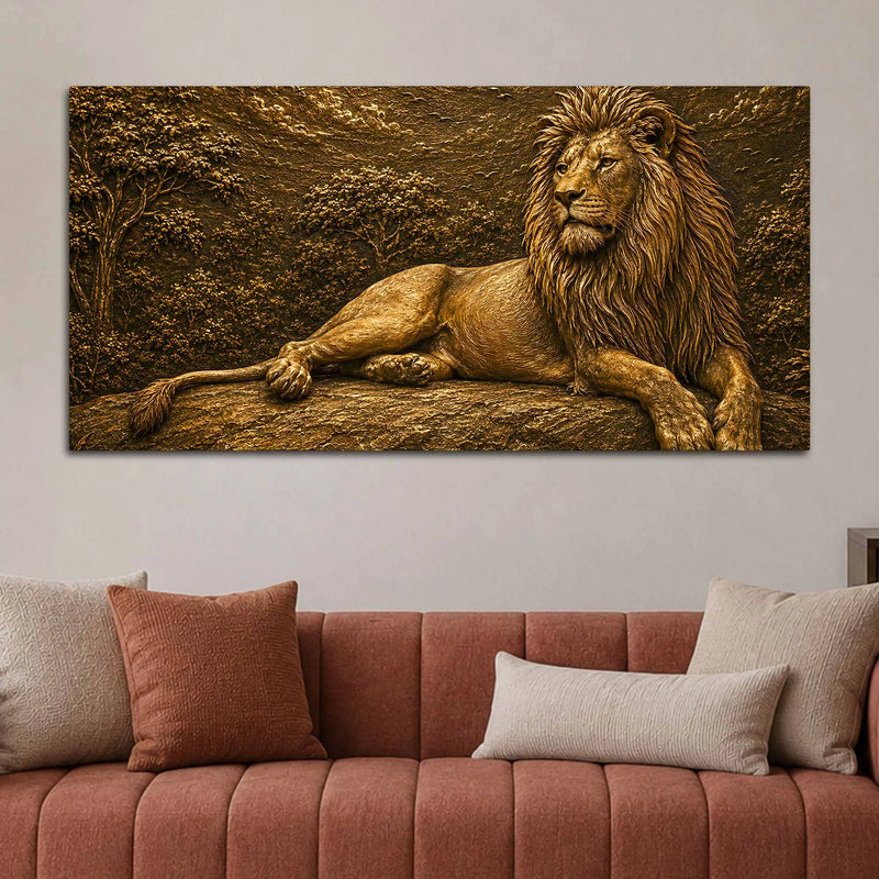 Majestic Golden Lion in Forest Metallic Look 3D Canvas Wall Painting