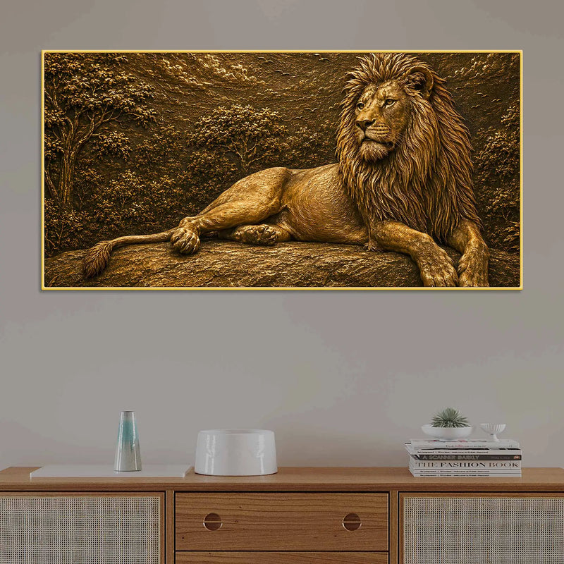 Majestic Golden Lion in Forest Metallic Look 3D Canvas Wall Painting