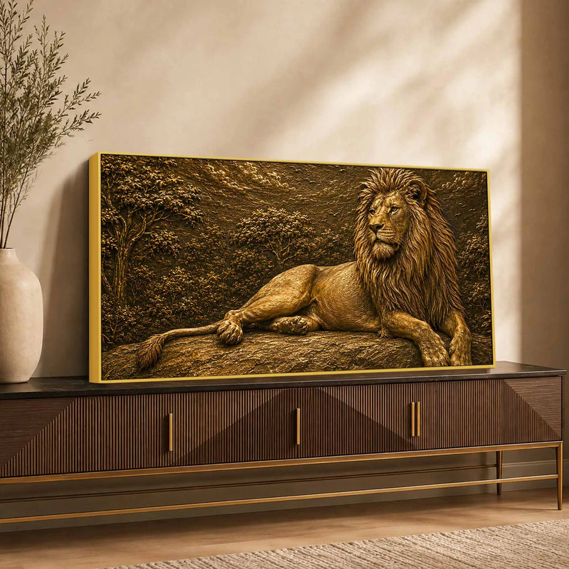 Majestic Golden Lion in Forest Metallic Look 3D Canvas Wall Painting