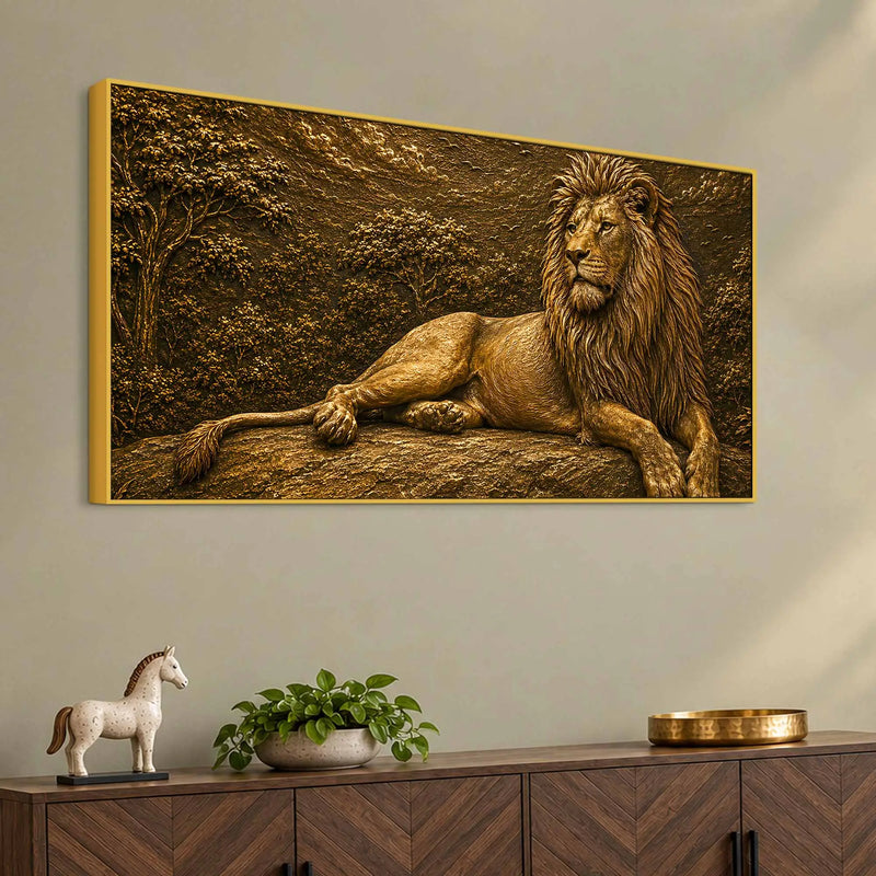 Majestic Golden Lion in Forest Metallic Look 3D Canvas Wall Painting