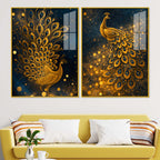 Majestic Golden Peacock Acrylic Floating Wall Painting Set of 2