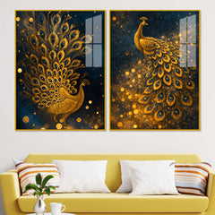 Majestic Golden Peacock Acrylic Floating Wall Painting Set of 2