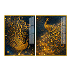 Majestic Golden Peacock Acrylic Floating Wall Painting Set of 2