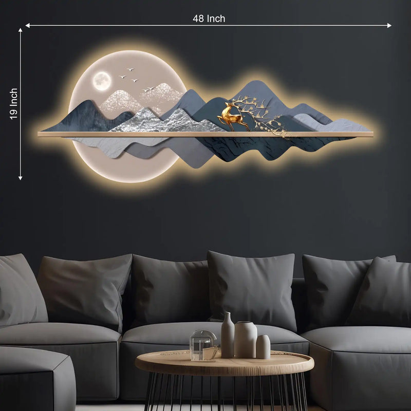 Majestic Golden Stag Moonlit & Mountains Crystal Glass Backlit LED Painting
