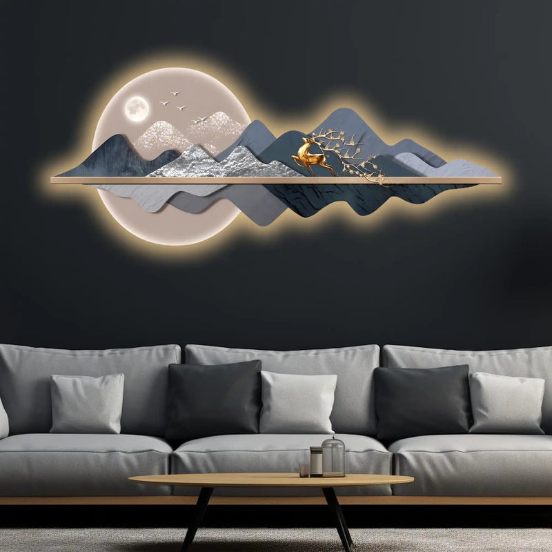 Majestic Golden Stag Moonlit & Mountains Crystal Glass Backlit LED Wall Art