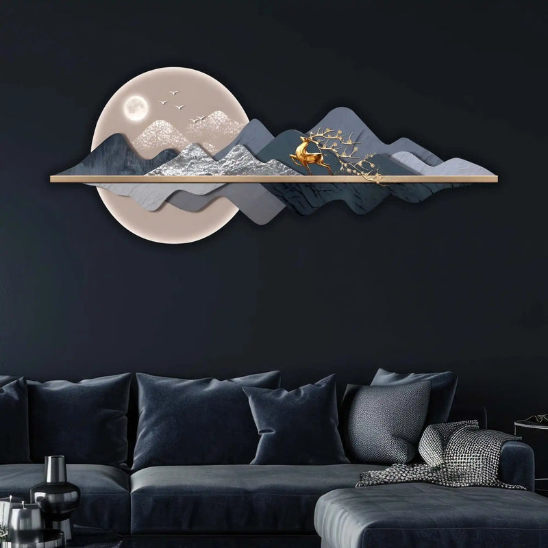 Majestic Golden Stag Moonlit & Mountains Crystal Glass Backlit LED Wall Art