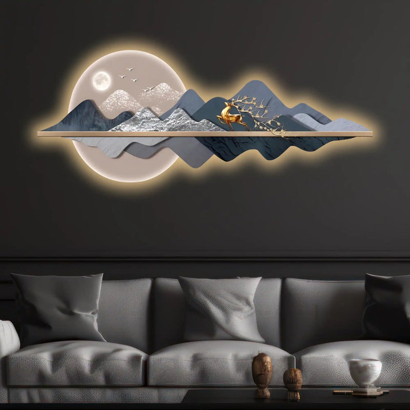 Majestic Golden Stag Moonlit & Mountains Crystal Glass Backlit LED Wall Art