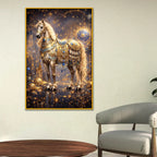 Majestic Horse with Golden Embellishments Metal Floating Frame Crystal Wall Painting