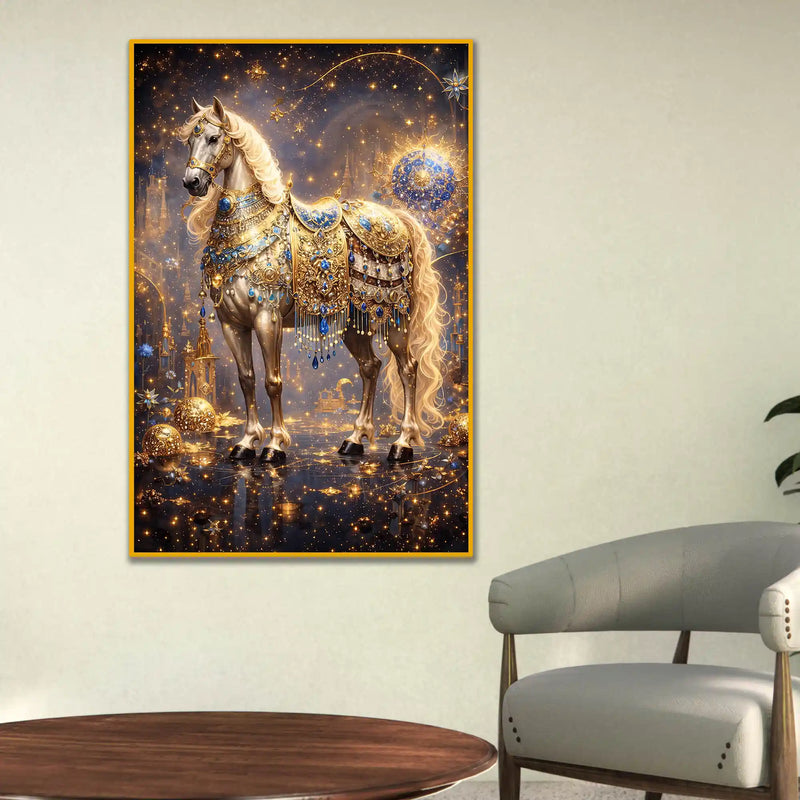 Majestic Horse with Golden Embellishments Metal Floating Frame Crystal Wall Painting