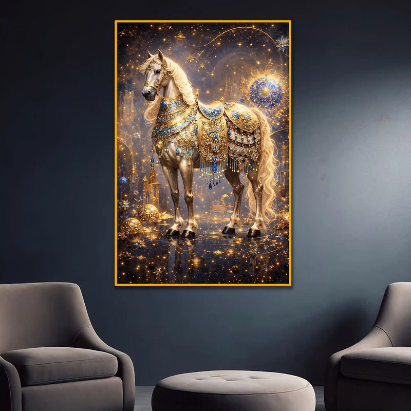 Majestic Horse with Golden Embellishments Metal Floating Frame Crystal Wall Painting