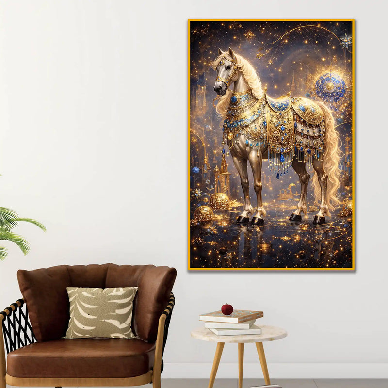 Majestic Horse with Golden Embellishments Metal Floating Frame Crystal Wall Painting