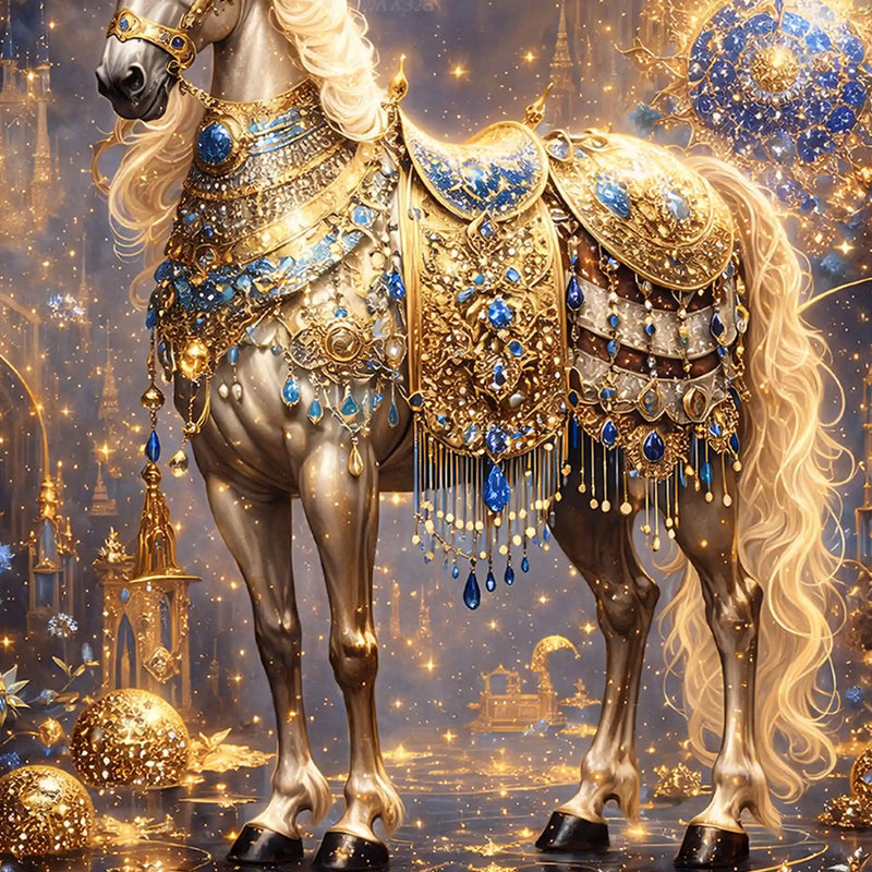 Majestic Horse with Golden Embellishments Metal Floating Frame Crystal Wall Painting