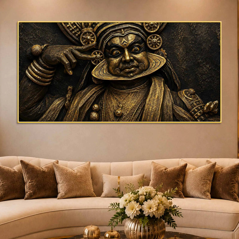 Majestic Kathakali Dancer Black & Gold Metallic Look 3D Canvas Wall Painting