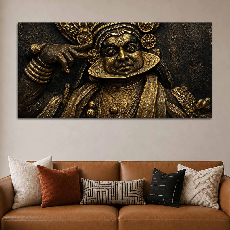 Majestic Kathakali Dancer Black & Gold Metallic Look 3D Canvas Wall Painting