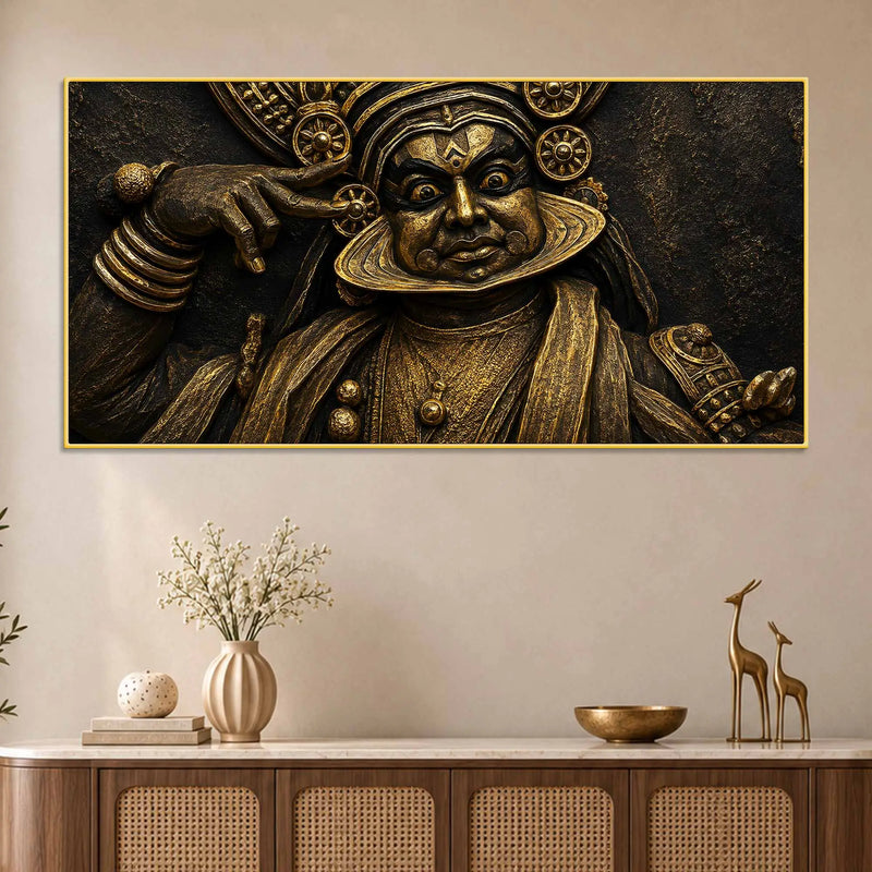 Majestic Kathakali Dancer Black & Gold Metallic Look 3D Canvas Wall Painting