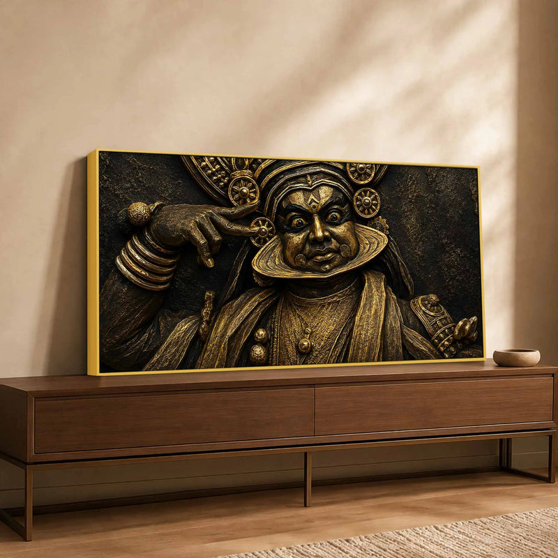 Majestic Kathakali Dancer Black & Gold Metallic Look 3D Canvas Wall Painting