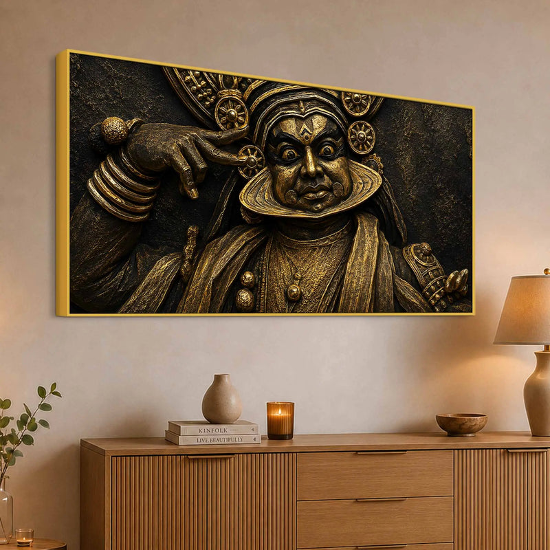 Majestic Kathakali Dancer Black & Gold Metallic Look 3D Canvas Wall Painting