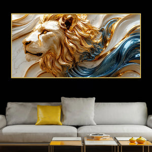 Majestic Lion Face with Flowing Gold and Sapphire Waves 3D Canvas Wall Painting