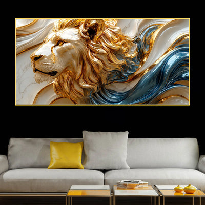 Majestic Lion Face with Flowing Gold and Sapphire Waves 3D Canvas Wall Painting